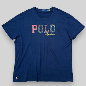 【美品】 ポロラルフローレン POLO RALPH LAUREN チェック柄 ビッグロゴ & 刺繍ロゴ Tシャツ XXL ネイビー ホースロゴ チェック柄