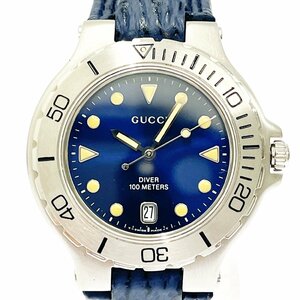 【1円スタート】【箱付き】GUCCI グッチ 9750M ダイバー SS×革ベルト ネイビー文字盤 クオーツ メンズ腕時計 256857