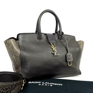 美品●SAINT LAURENT サンローラン ハンドバッグ 2way ダウンタウン カバス ショルダーバッグ YSL カサンドラ パイソン レザー 黒 ブラック