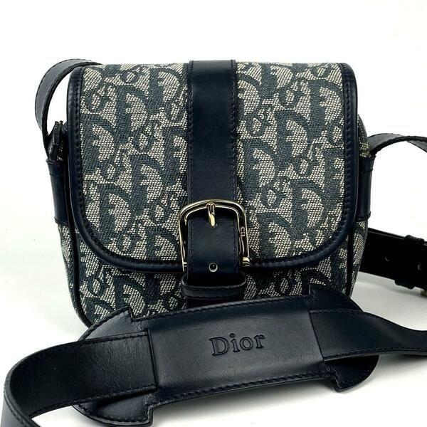 【美品】Christian Dior ディオール ショルダーバッグ トロッター 総柄 ゴールド金具 ベルト 斜め掛け レザー キャンバス 紺色 ネイビー