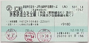 2000年10月　鉄道の日記念・ＪＲ全線乗り放題きっぷ　（普通列車乗車券）