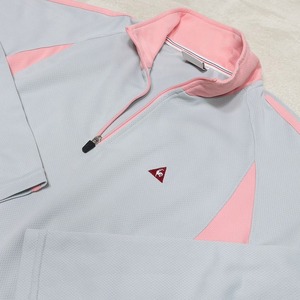 ☆概ね美品 ルコックスポルティフ le coq sportif 長袖 ウイメンズ レディース ハーフジップ ゲームシャツ 薄いグレイにピンク M(157-163)