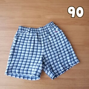 90)85-95 MENS CLUB ブルーチェックのショートパンツ 半ズボン ベビーパンツ 青 男の子 キッズの画像1