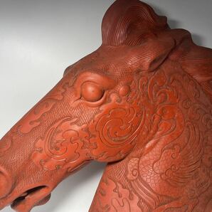 DH253 △ 中国美術 堆朱馬頭置物 彫漆 炎龍鳳凰紋 剔紅擺件 中国古玩 極上珍品 唐物 H49.5cmの画像2