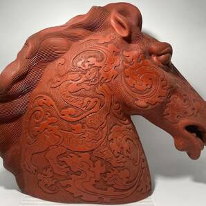 DH253 △ 中国美術 堆朱馬頭置物 彫漆 炎龍鳳凰紋 剔紅擺件 中国古玩 極上珍品 唐物 H49.5cmの画像8