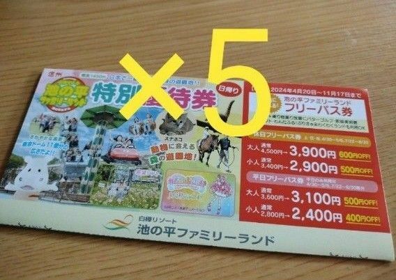 白樺リゾート　池の平ファミリーランド　特別優待券　5枚　フリーパス券　割引券　まとめ売り