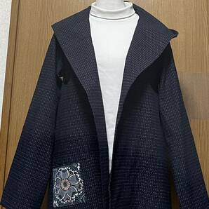着物リメイク シンプル 書生絣のフード付きジャケット L〜LLサイズの画像1