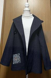 着物リメイク シンプル　書生絣のフード付きジャケット　L〜LLサイズ