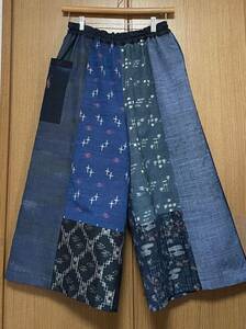 着物リメイク ①紬のパッチワーク　スカート見えガウチョパンツ　フリーサイズ