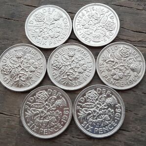 英国幸せのシックスペンス イギリス 7枚セットラッキー6ペンス コイン1961~1967本物古銭英国コイン 美品です19.5mm