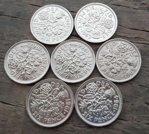 英国幸せのシックスペンス イギリス 7枚セットラッキー6ペンス コイン1961~1967本物古銭英国コイン 美品です19.5mm