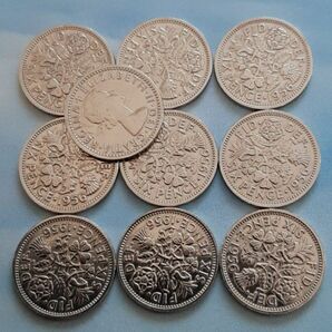 エリザベス女王の幸せのシックスペンス イギリス 10枚セットラッキー6ペンス 本物古銭英国コイン 美品です19.5mm 2.8g