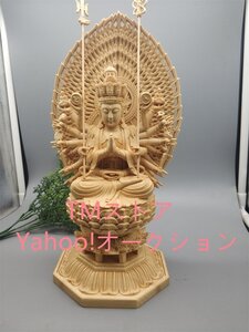 極美品★木彫 仏像 千手観音 仏教美術 木造千手観音 蓮華丸台座 総高28cm