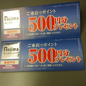 【送料無料】ノジマ株主優待 来店ポイント500円分×2枚(1000円分)有効期限2024年7月31日