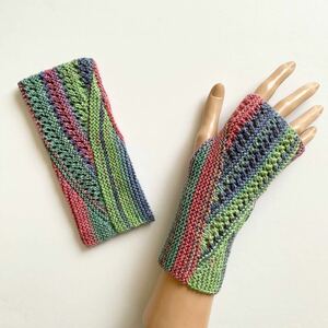 コットン混 オパール毛糸 手編み 冷房対策 UV ハンドメイド ハンドウォーマー カバー 指なし手袋 D