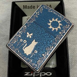 ZIPPO 猫柄　新品　ブルー　シルバー　キャット　プレート貼り　ジッポー　コレクション