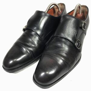 【サントーニ】本物 Santoni 靴 25.5cm 黒 ダブルモンクストラップ ビジネスシューズ 本革 レザー 男性用 メンズ イタリア製 6 1/2