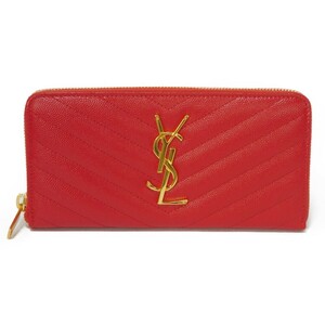 サンローランパリ モノグラム フルジップウォレット キルティング グレイパウダー レッド YSL ルージュ 長財布 358094 BOW01 6805