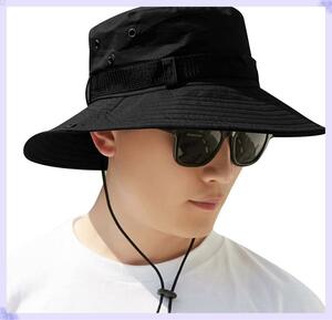 サファリハット メンズ つば広 帽子 UVカット 日除け 折畳み ブラック CUX