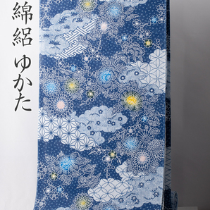 【浴衣反物】NO.3637 （紺色/雲取花柄）安心の日本製 新品【桜七軒】 綿絽 送料込！の画像1