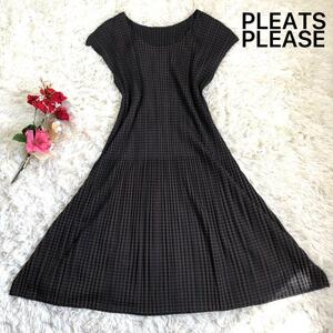 【美品】PLEATS PLEASE ISSEY MIYAKE プリーツプリーズ チェック ワンピース 総柄 黒 茶 L PLEATS PLEASE ISSEY MIYAKE イッセイミヤケ