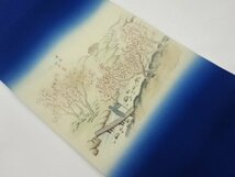 ys6917716; 作家物　塩瀬手描き花に川・人物・風景模様名古屋帯【着】_画像1