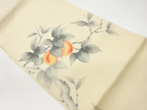 ys6917873; Artist's work, hand-painted branch and leaf with peach pattern, Nagoya obi [wearing], band, Nagoya Obi, Ready-made