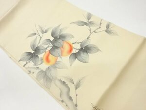 Art hand Auction ys6917873; Künstler Shiose handbemalte Zweige und Blätter mit Pfirsichmuster Nagoya Obi [trägt], Band, Nagoya-Obi, Maßgeschneidert