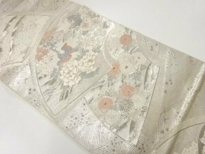 ys6921622; ホワイトゴールド箔地紙に花鳥模様織出し袋帯（材料）【アンティーク】【着】