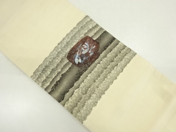 ys6928159; 手工编织 Tsumugi 手绘名古屋带, 横条纹上有茶碗图案 [古董] [佩戴], 女士和服, 和服, 古董, 重制材料