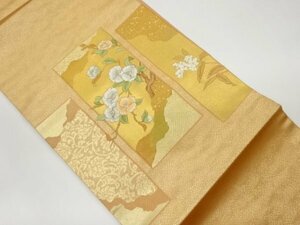 ys6932462; 短冊に椿・花唐草模様織出し刺繍名古屋帯【着】