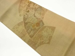 ys6932253; 手織り紬汕頭相良刺繍地紙に草花・舟模様袋帯【着】