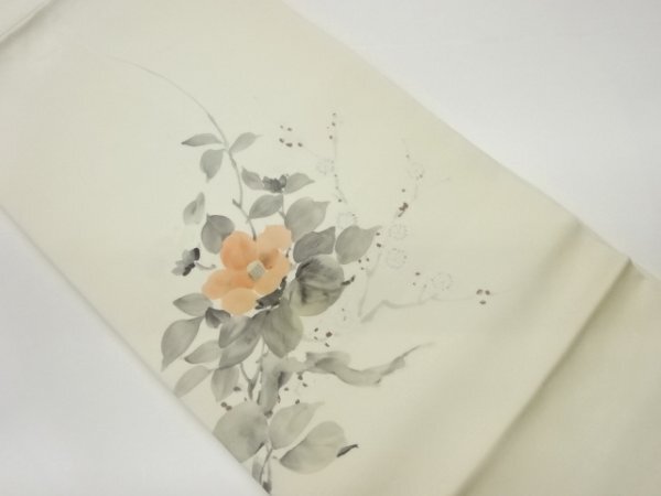 ys6932808; Artist Shiose hand-painted camellia and plum pattern Nagoya obi [wearing], band, Nagoya obi, Tailored