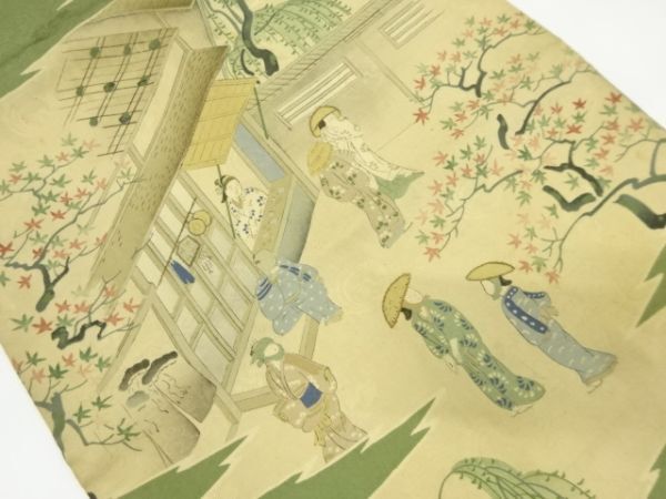 ys6963857 ; Nagoya obi brodé peint à la main avec des personnages historiques et des motifs de paysages [antique] [portable], Kimono femme, kimono, antique, Refaire les matériaux