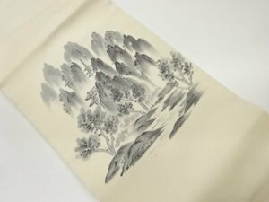 ys6947752; 塩瀬手描き木々に寺院風景模様刺繍名古屋帯【着】