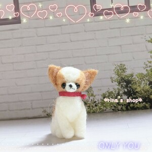 *rina's shop*4.5cm愛犬おリボン茶白チワワちゃん*ハンドメイド*羊毛フェルト*ブライス*ペットロス*インテリア*メモリアル*ミニチュア愛犬