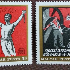 ハンガリー 1969 革命ポスター 革命50年 小型シート 6完 + レーニン色違い裏印刷あり1枚 未使用糊あり の画像4