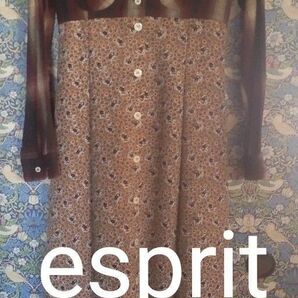 esprit レディース 長袖 ワンピース ロング丈 エスプリ USA Mサイズ 茶系 チェック 花柄 異素材