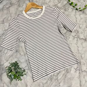 【UNIQLO】半袖 リブトップス ボーダー トップス リブ M レディース カジュアル