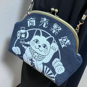 売り切り価格★POPO★ハンドメイド★がま口ショルダーバッグ★にゃんこ★