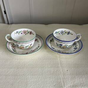 MINTON ミントン カップ＆ソーサー 2客 HADDON HALL TRELLIS ハドンホールトレリス BLUE ブルー ペア 花柄 洋食器 の画像1