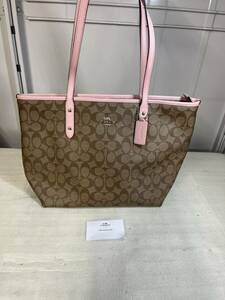 【中古品】COACH コーチ シグネチャー トートバッグ レディース ピンク ブラウン 