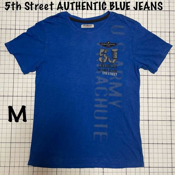 【5th Street】AUTHENTIC BLUE JEANS ミリタリー風半袖Tシャツ ロゴ ワッペン 台湾？ Mサイズ ブルー×グレー/青 綿100% MILTARY SCHOOL