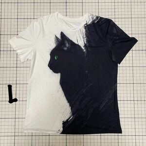 良品 黒猫 クロネコ キャット 両面ビックプリント半袖Tシャツ ストレッチ 収縮性あり Lサイズ ユニセックス可 ホワイト×ブラック/白黒