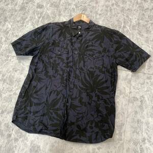 BB ▼ 大きいサイズ!! '着心地抜群' STUSSY ステューシー 総柄 コットン100% 半袖 ボタン スナップシャツ size:XXL メンズ トップス NAVY