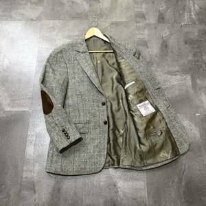 T☆ 高級紳士服!! 'ヘリンボーン&格子柄' HARRIS TWEED ハリスツイード ロゴ刻印ボタン エルボーパッチ 厚手 テーラードジャケット size50 