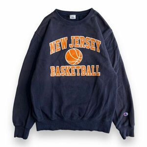 Champion チャンピオン NEW JERSEY BASKETBALL 裏パイル クルーネック コットン スウェット トレーナー プリント 古着 L ネイビー 紺