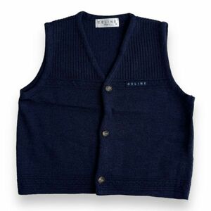 日本製 CELINE セリーヌ BABY 刺繍 ロゴ 3釦 ウール ニット ベスト Vネック キッズ トップス セーター レナウン 子供服 95 ネイビー 紺