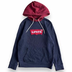 Levi's リーバイス 刺繍 ワッペン ロゴ コットン スウェット プルオーバー パーカー 裏パイル フード フーディー トップス S ネイビー 紺