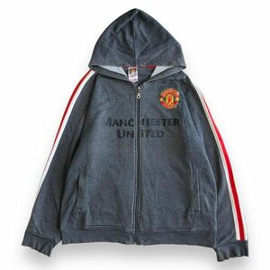 公式 Manchester United マンチェスター ユナイテッド 刺繍 ロゴ コットン スウェット ジップ パーカー 裏パイル サッカー L グレー